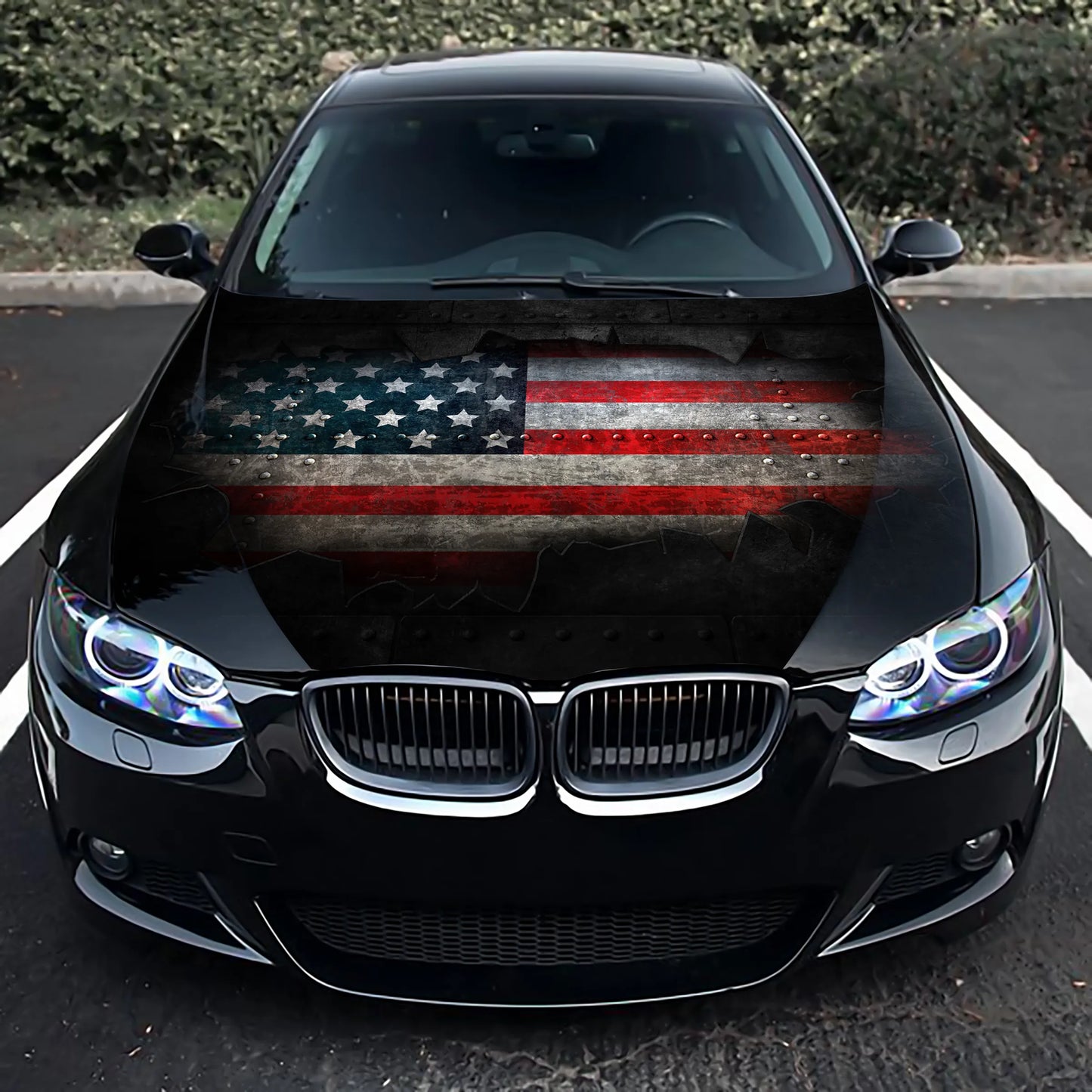 American Flag Ripped Metal Hood Wrap – Custom Vinyl Decal for Cars, Trucks & SUVs