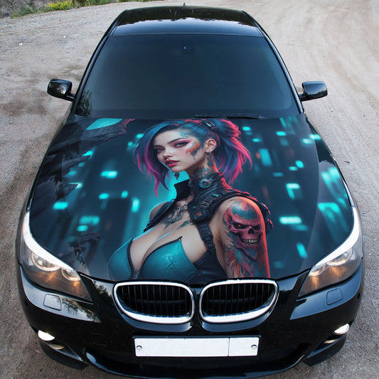 Cyberpunk Girl Tattoo Hood Wrap – Custom Vinyl Decal for Cars, Trucks & SUVs