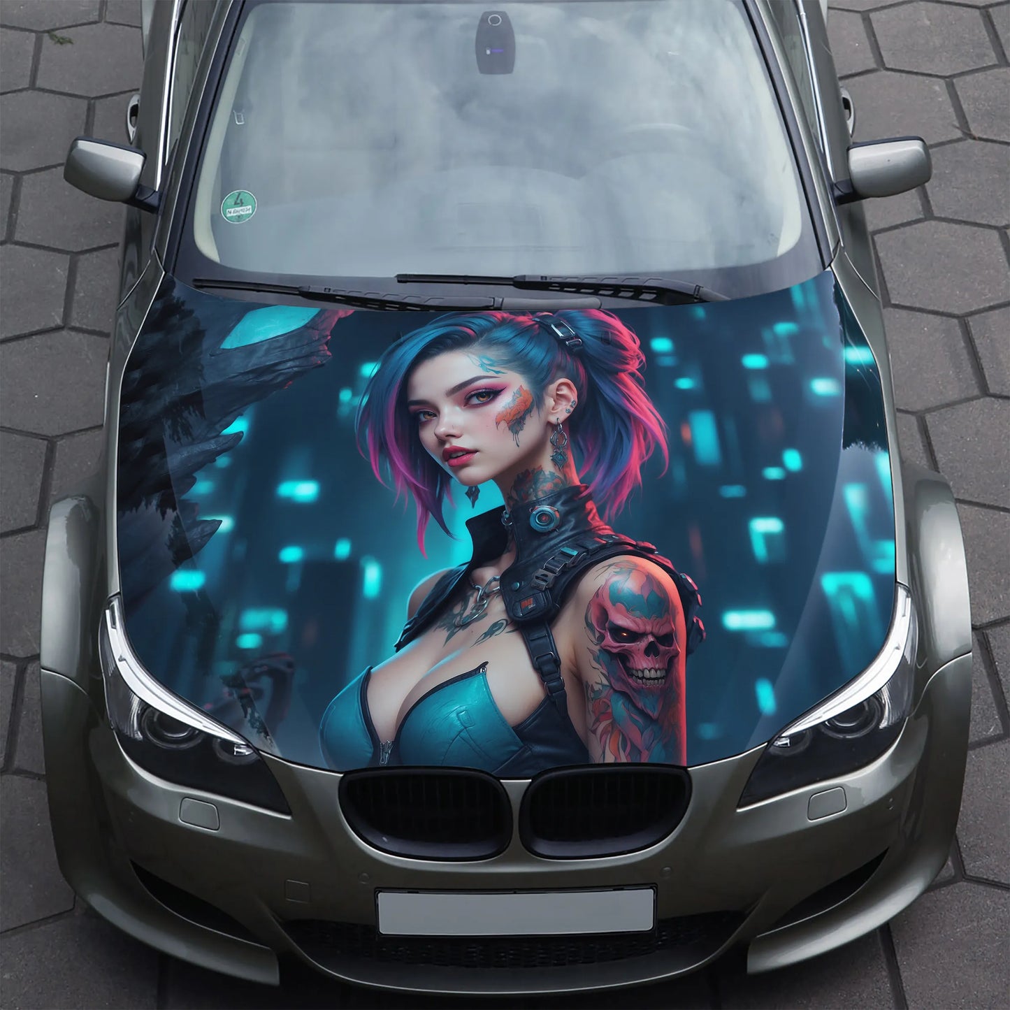 Cyberpunk Girl Tattoo Hood Wrap – Custom Vinyl Decal for Cars, Trucks & SUVs