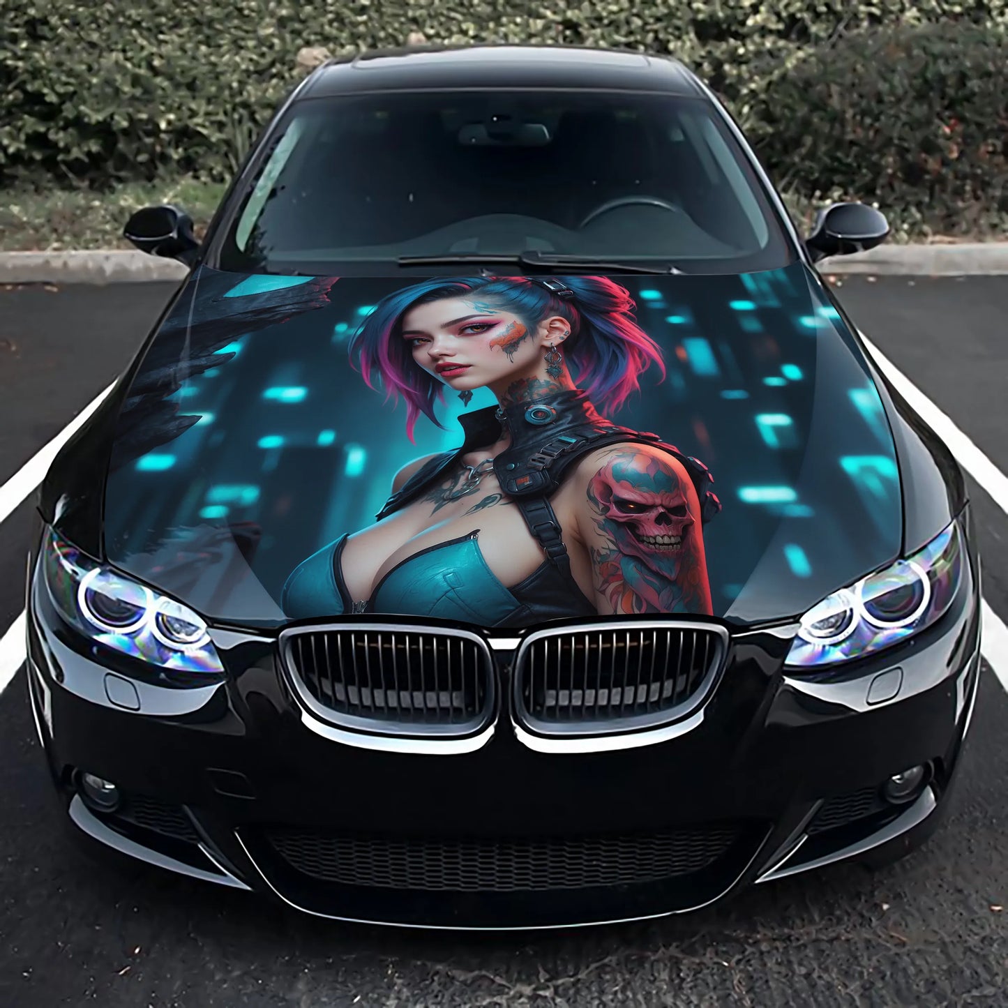 Cyberpunk Girl Tattoo Hood Wrap – Custom Vinyl Decal for Cars, Trucks & SUVs