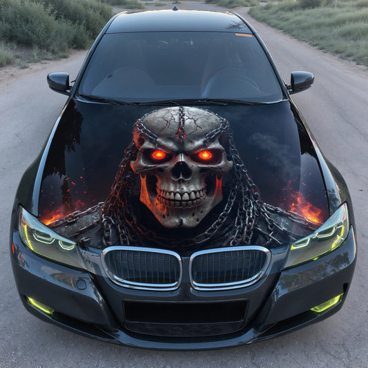 Flaming Skull Warrior Hood Wrap – Custom Vinyl Decal for Cars, Trucks & SUVs