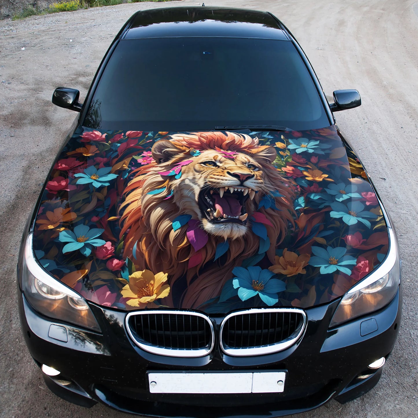 Flowers Abstract Lion Hood Wrap – Custom Vinyl Decal for Cars, Trucks & SUVs