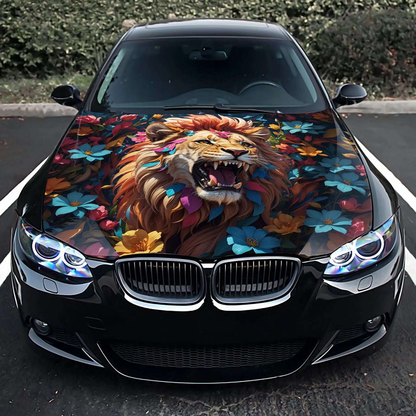 Flowers Abstract Lion Hood Wrap – Custom Vinyl Decal for Cars, Trucks & SUVs