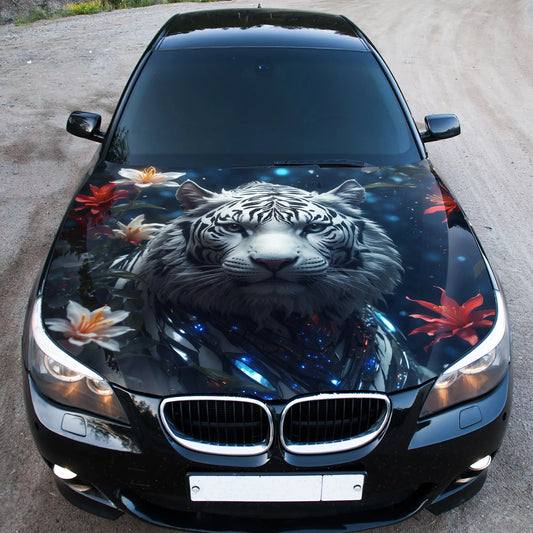 Flowers White Tiger Hood Wrap – Custom Vinyl Decal for Cars, Trucks & SUVs