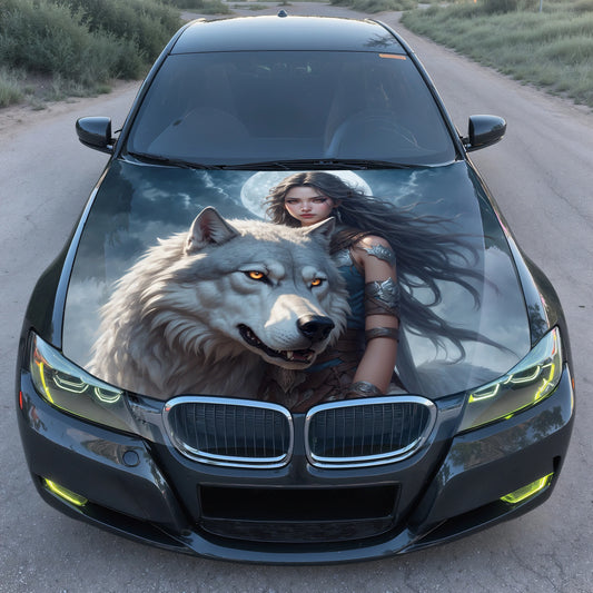 Wolf Woman Moonlight Hood Wrap – Custom Vinyl Decal for Cars, Trucks & SUVs
