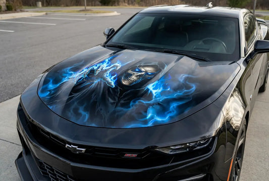 Chevy Camaro with custom hood wrap design