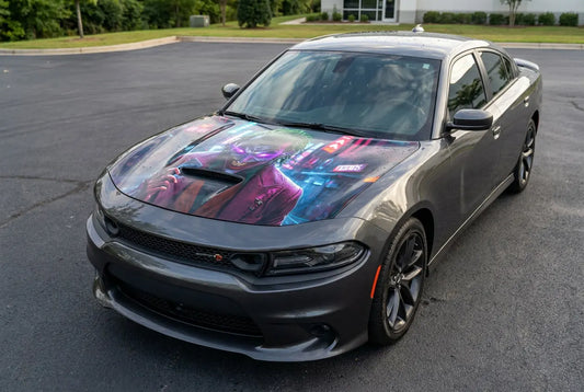 Custom hood wrap design on vehicle