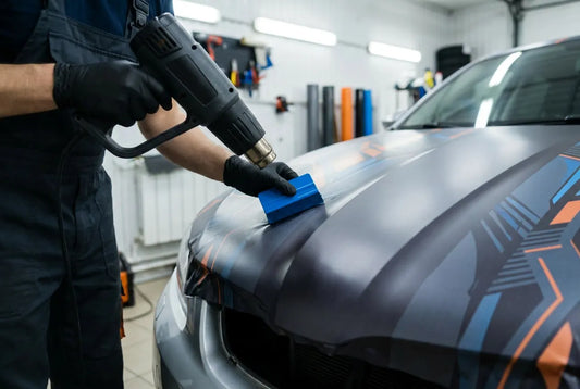 Professional installer using heat gun on hood contour