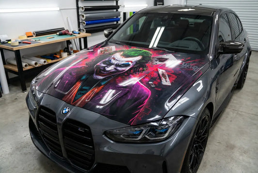 Custom hood wrap installed using the wet application method