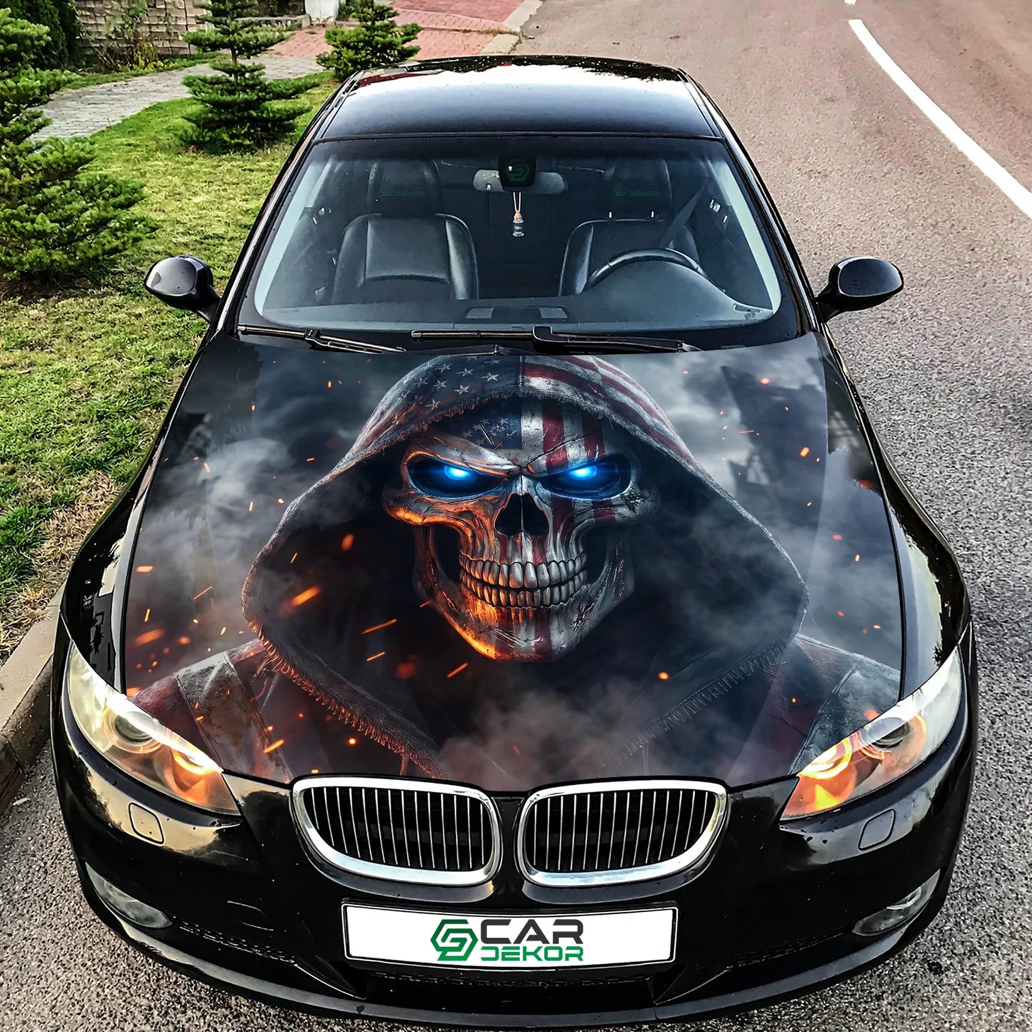 American Skull Reaper Hood Wrap Graphic – Custom Vinyl Decal for Cars, Trucks & SUVs