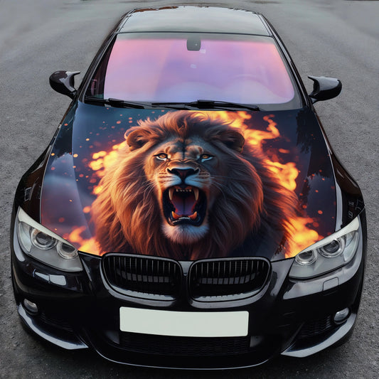 Angry Lion Fire Hood Wrap – Custom Vinyl Decal for Cars, Trucks & SUVs