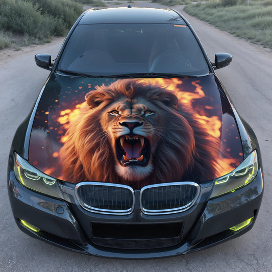 Angry Lion Fire Hood Wrap – Custom Vinyl Decal for Cars, Trucks & SUVs