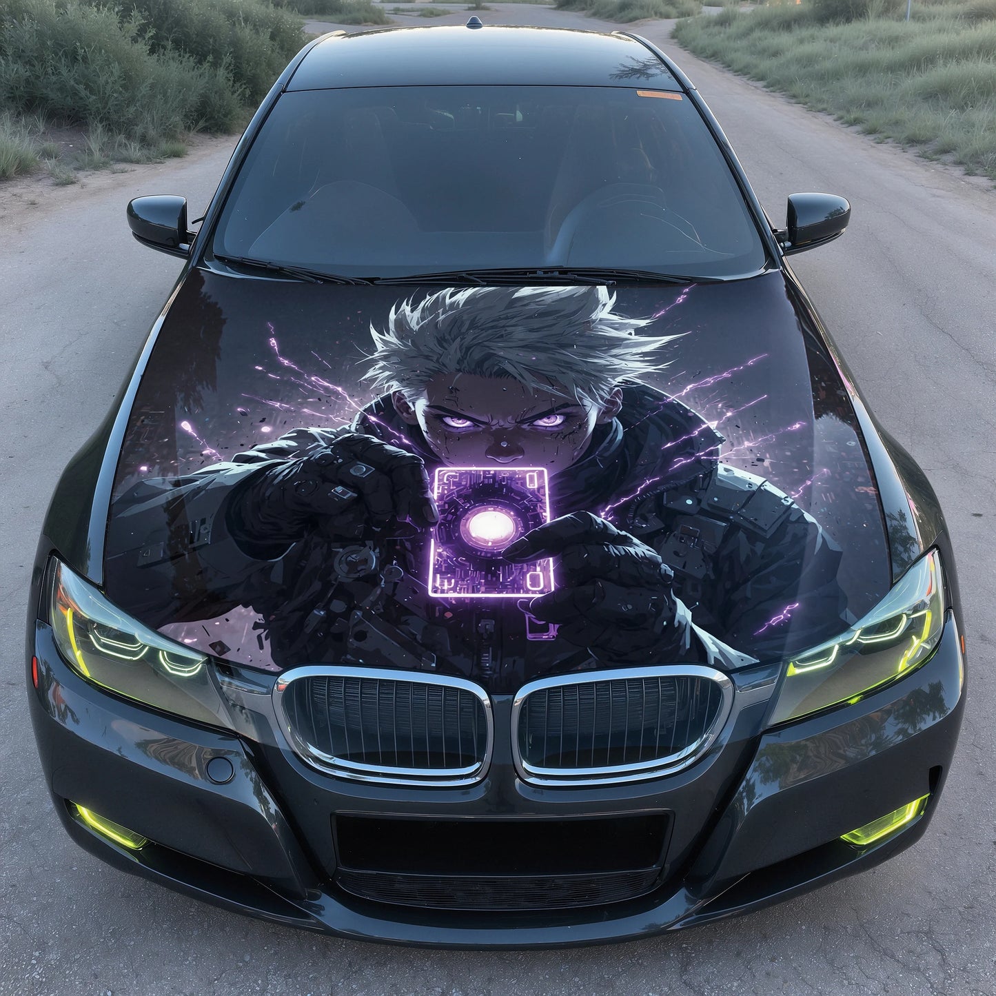 Anime Boy Dark Energy Hood Wrap – Custom Vinyl Decal for Cars, Trucks & SUVs