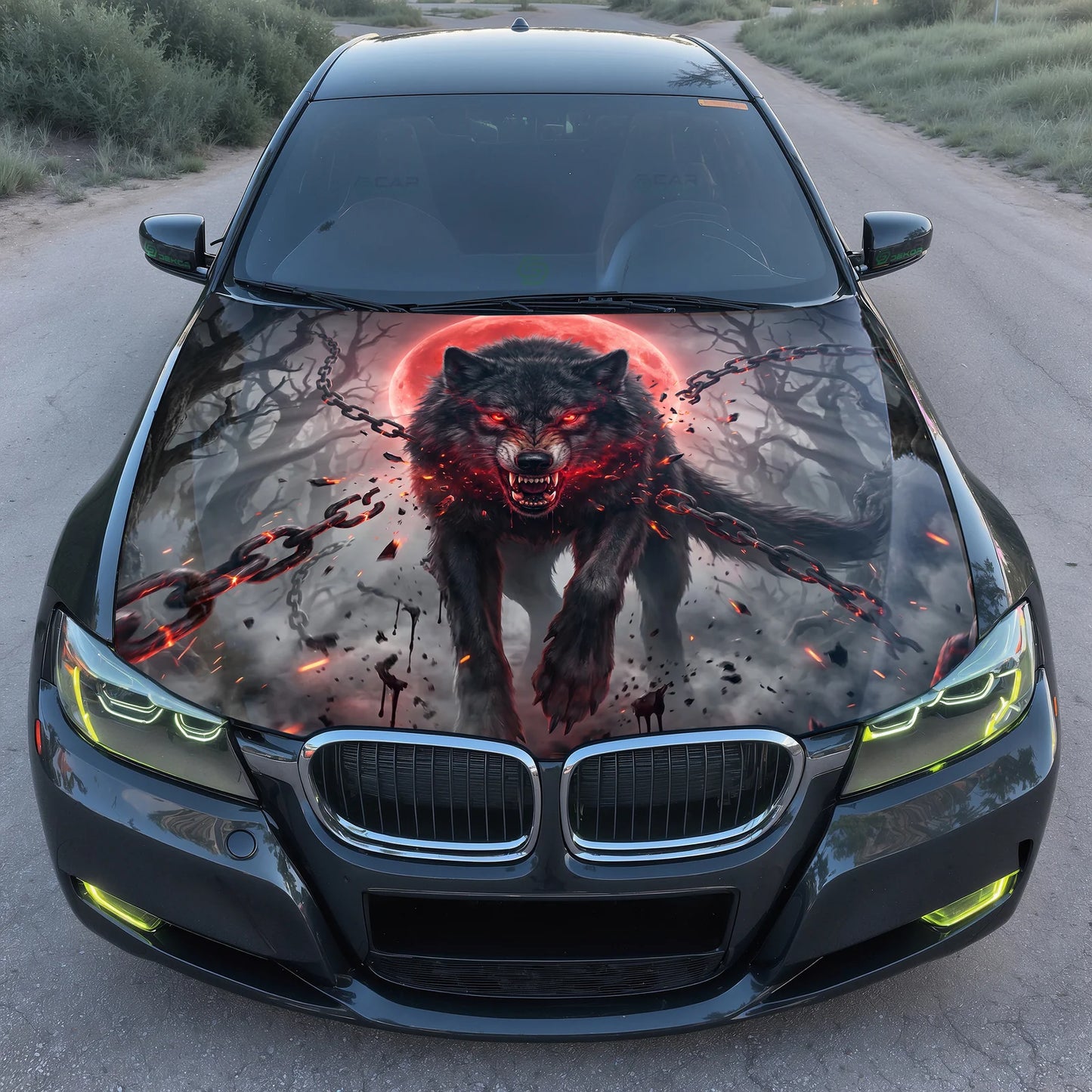 Blood Moon Wolf Hood Wrap Graphic – Custom Vinyl Decal for Cars, Trucks & SUVs