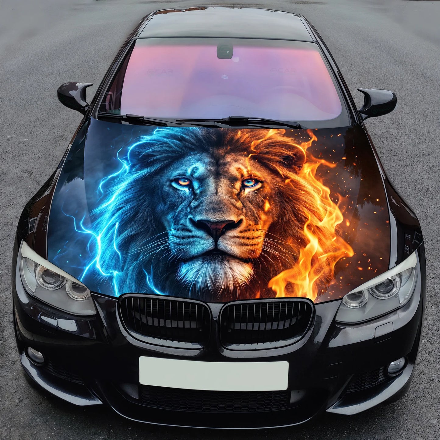 Blue Fire Lion Hood Wrap Graphic – Custom Vinyl Decal for Cars, Trucks & SUVs