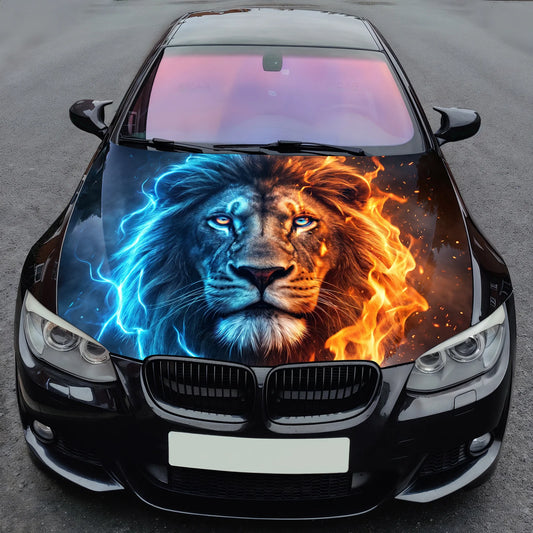 Blue Fire Lion Hood Wrap Graphic – Custom Vinyl Decal for Cars, Trucks & SUVs