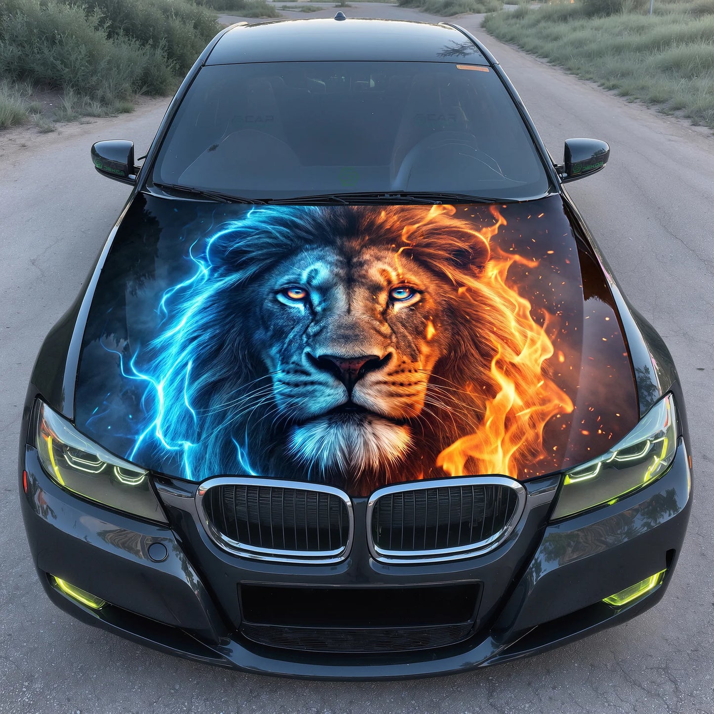 Blue Fire Lion Hood Wrap Graphic – Custom Vinyl Decal for Cars, Trucks & SUVs