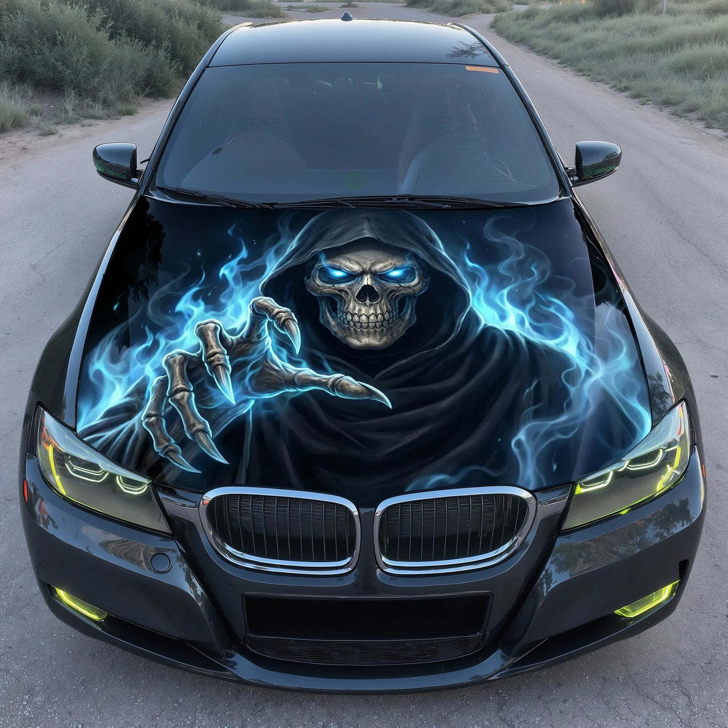 Blue Fire Reaper Hood Wrap Graphic – Custom Vinyl Decal for Cars, Trucks & SUVs