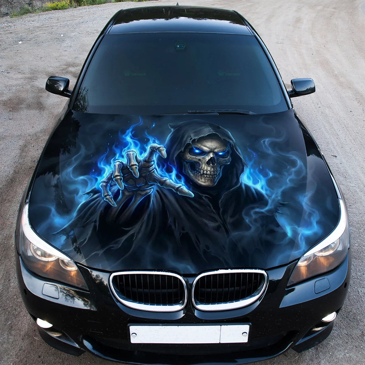 Blue Flame Grim Hood Wrap Graphic – Custom Vinyl Decal for Cars, Trucks & SUVs