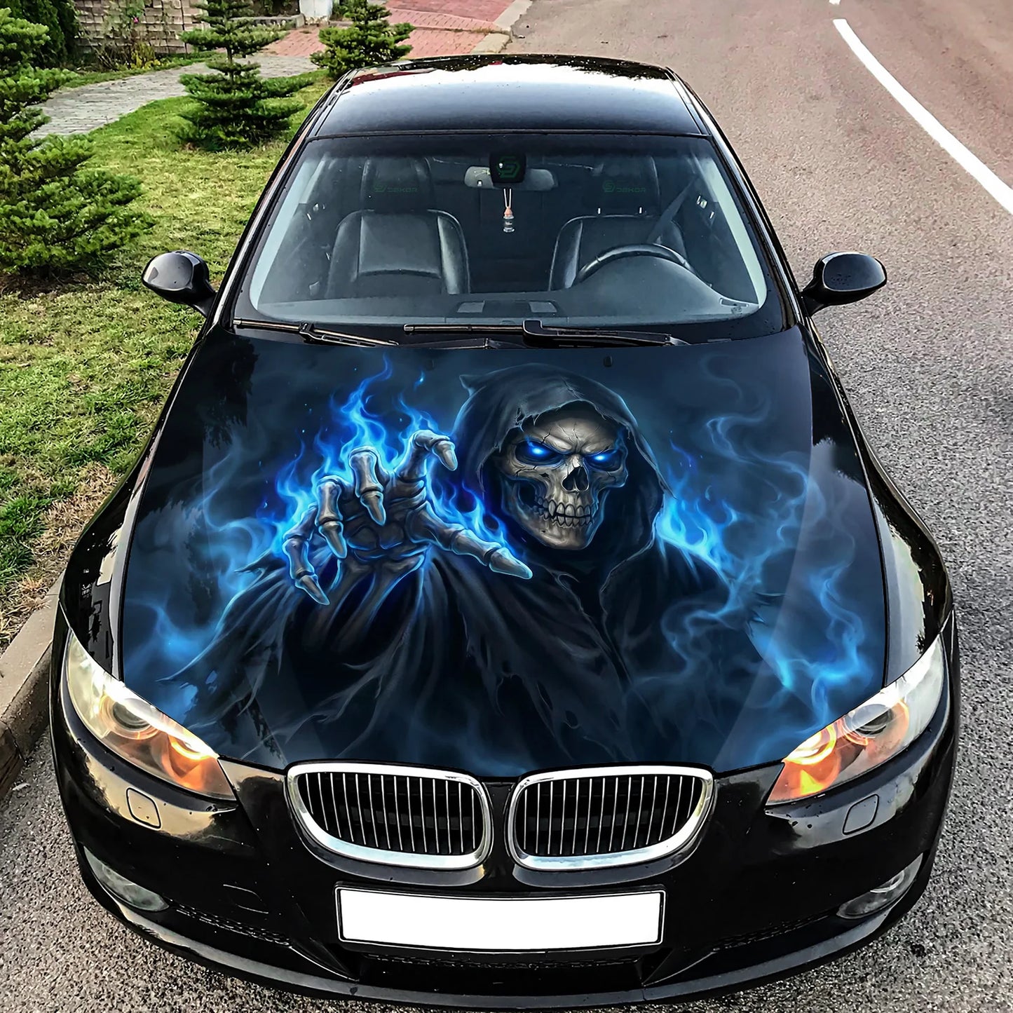 Blue Flame Grim Hood Wrap Graphic – Custom Vinyl Decal for Cars, Trucks & SUVs