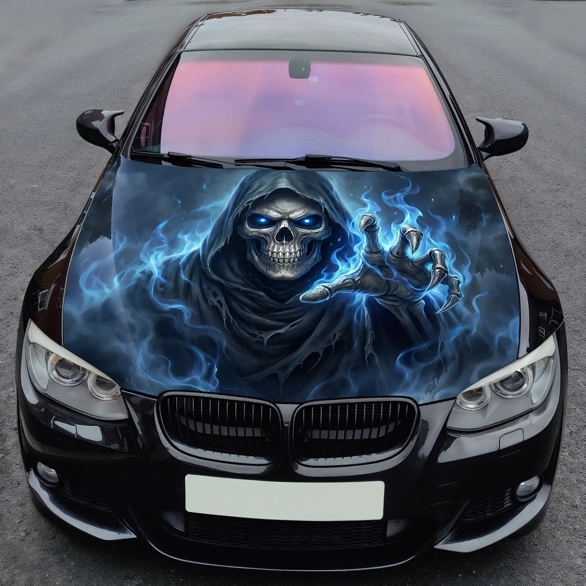 Blue Flame Skull Hood Wrap Graphic – Custom Vinyl Decal for Cars, Trucks & SUVs