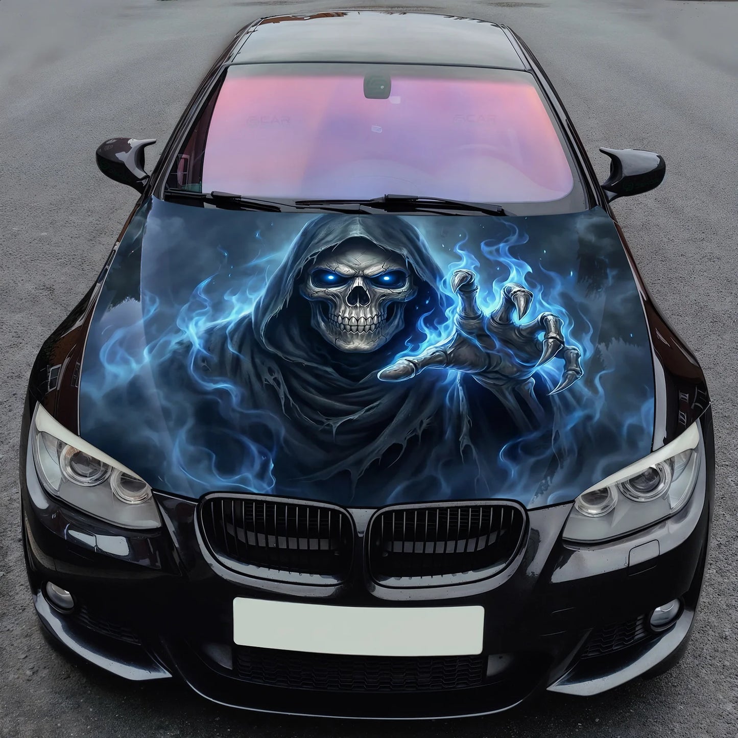 Blue Flame Skull Hood Wrap Graphic – Custom Vinyl Decal for Cars, Trucks & SUVs