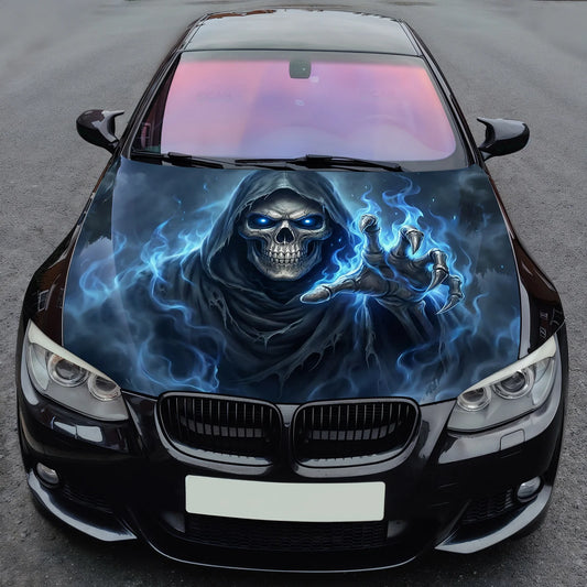 Blue Flame Skull Hood Wrap Graphic – Custom Vinyl Decal for Cars, Trucks & SUVs