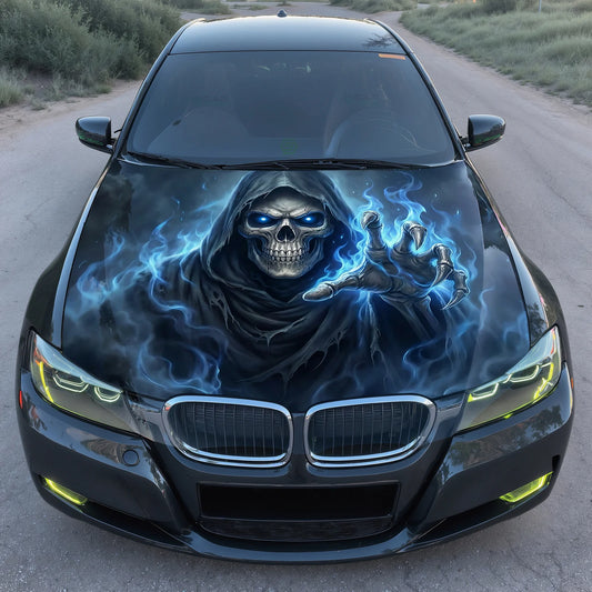 Blue Flame Skull Hood Wrap Graphic – Custom Vinyl Decal for Cars, Trucks & SUVs