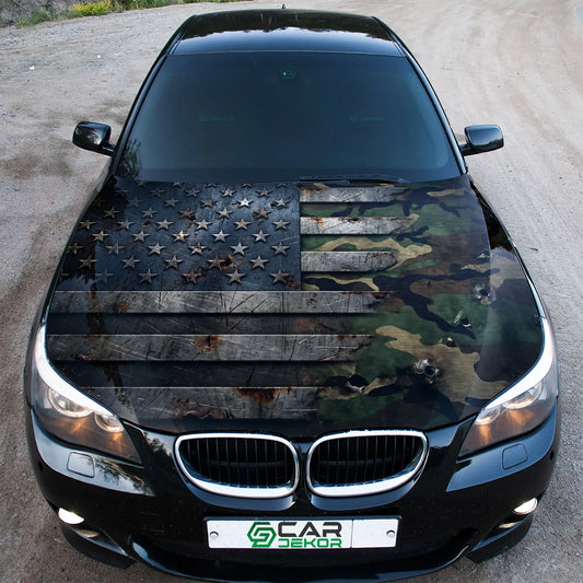 Camouflage USA Flag Hood Wrap Graphic – Custom Vinyl Decal for Cars, Trucks & SUVs