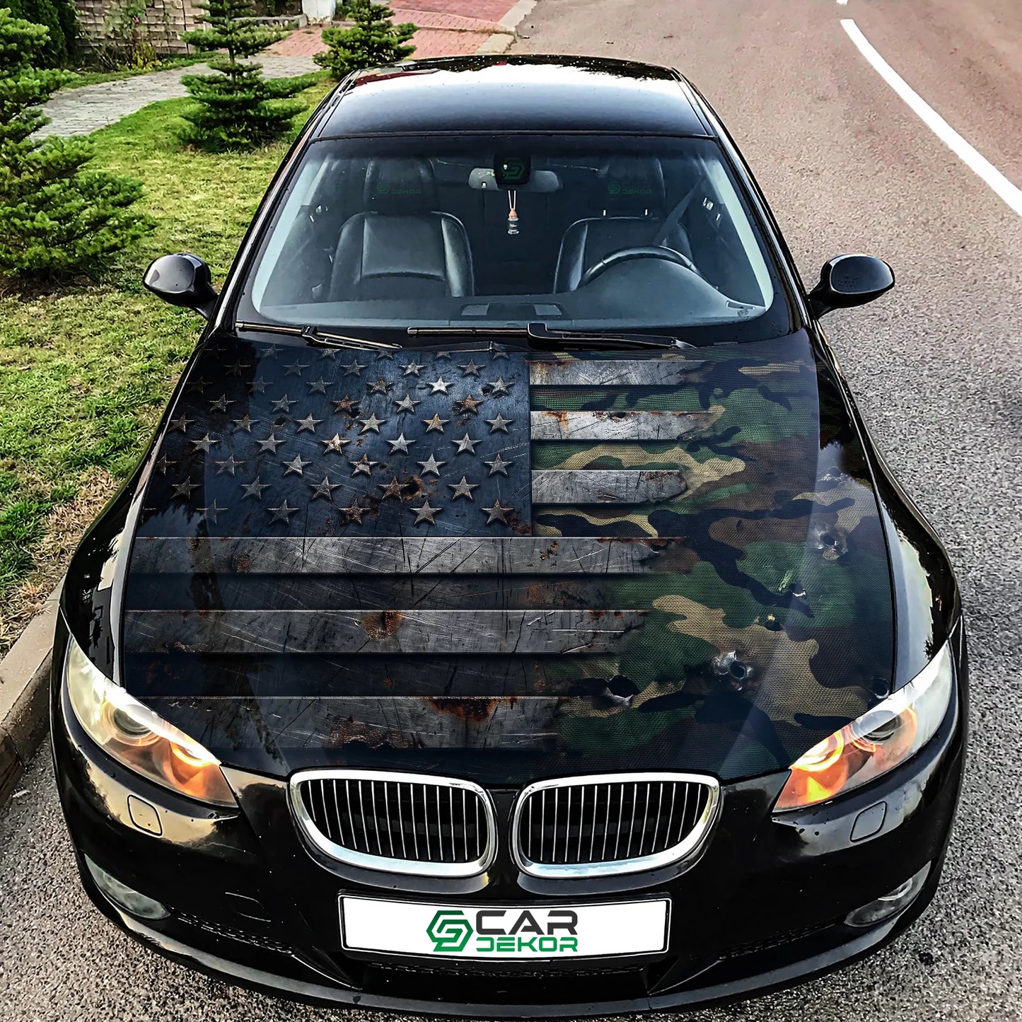 Camouflage USA Flag Hood Wrap Graphic – Custom Vinyl Decal for Cars, Trucks & SUVs
