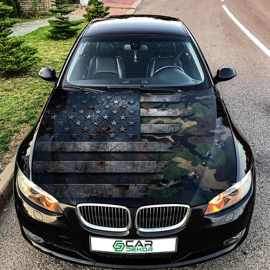 Camouflage USA Flag Hood Wrap Graphic – Custom Vinyl Decal for Cars, Trucks & SUVs