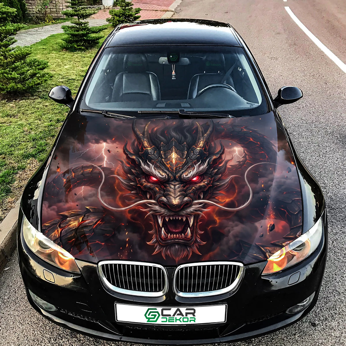 Crimson Demon Dragon Hood Wrap Graphic – Custom Vinyl Decal for Cars, Trucks & SUVs