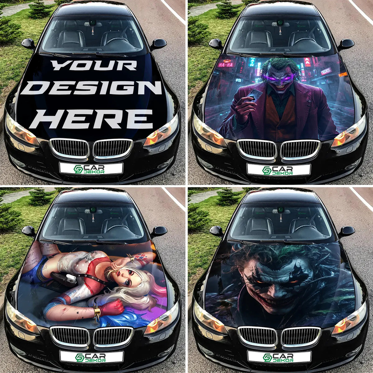 Collage of car hood wraps with various designs on a BMW car.
