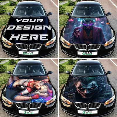 Collage of car hood wraps with various designs on a BMW car.