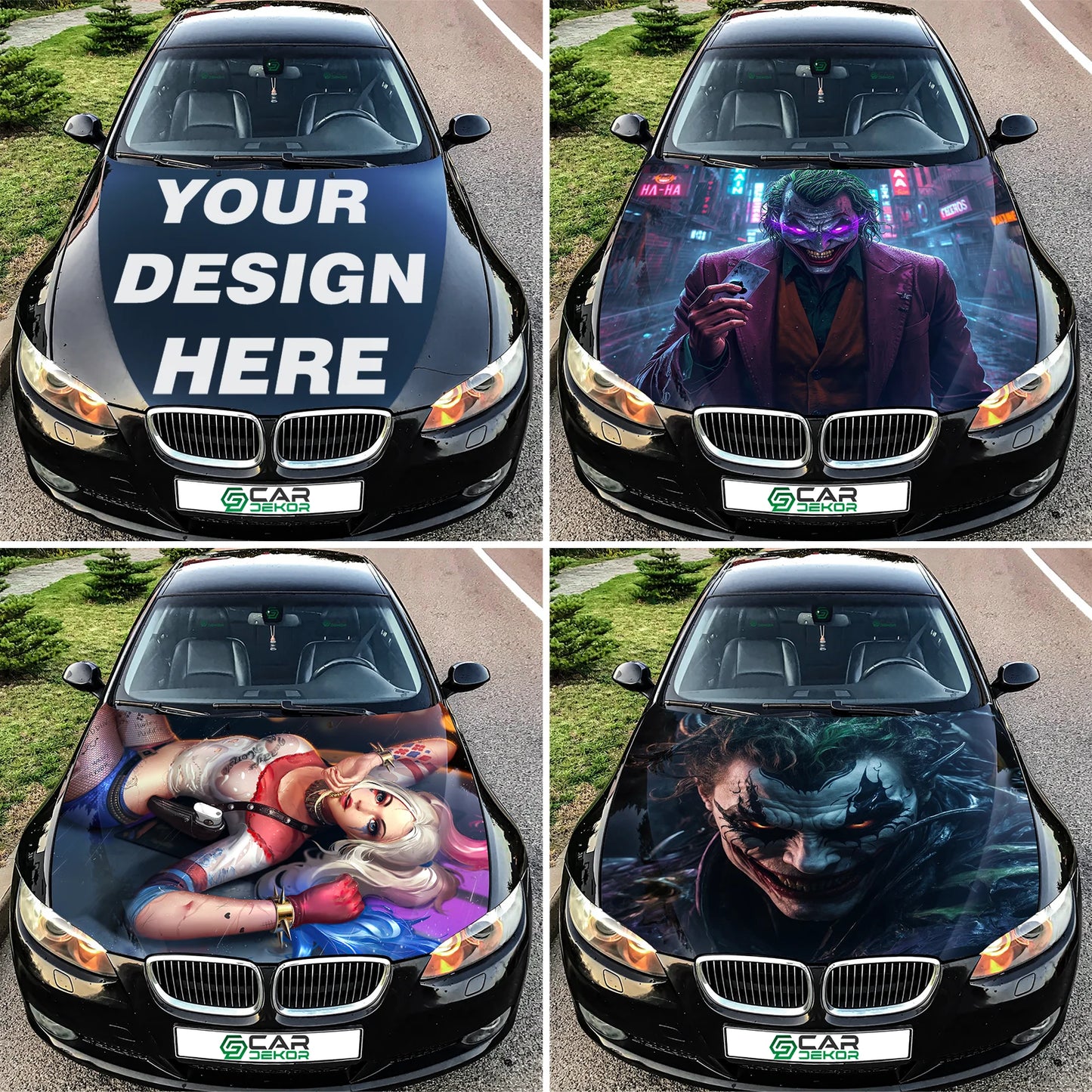 Collage of car hood wraps with various designs on a BMW car.