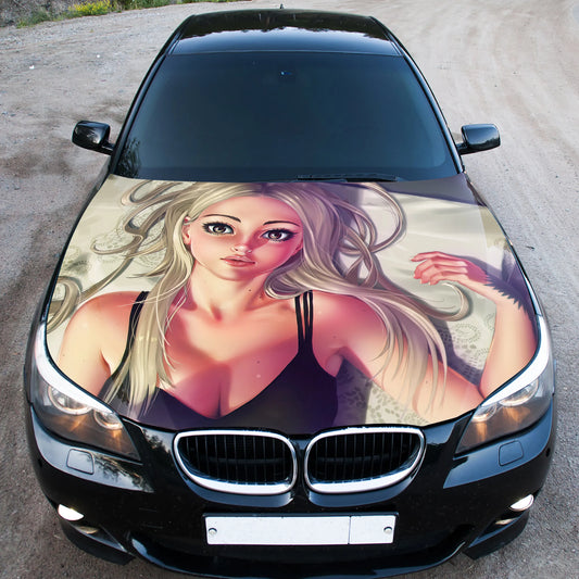 Cute Blonde Girl Hood Wrap – Custom Vinyl Decal for Cars, Trucks & SUVs
