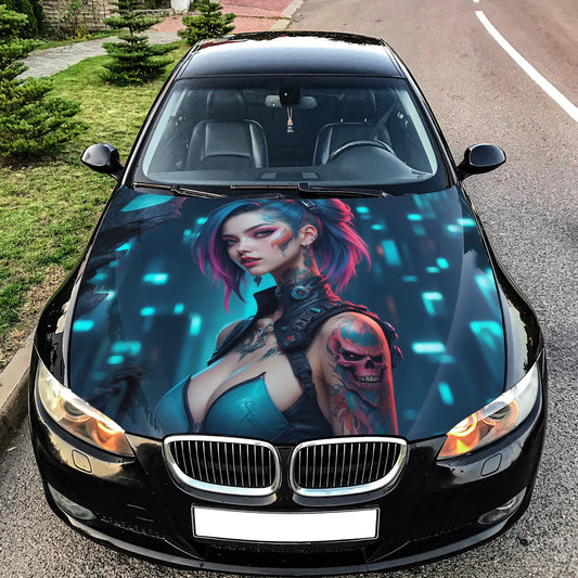 Cyberpunk Girl Tattoo Hood Wrap – Custom Vinyl Decal for Cars, Trucks & SUVs