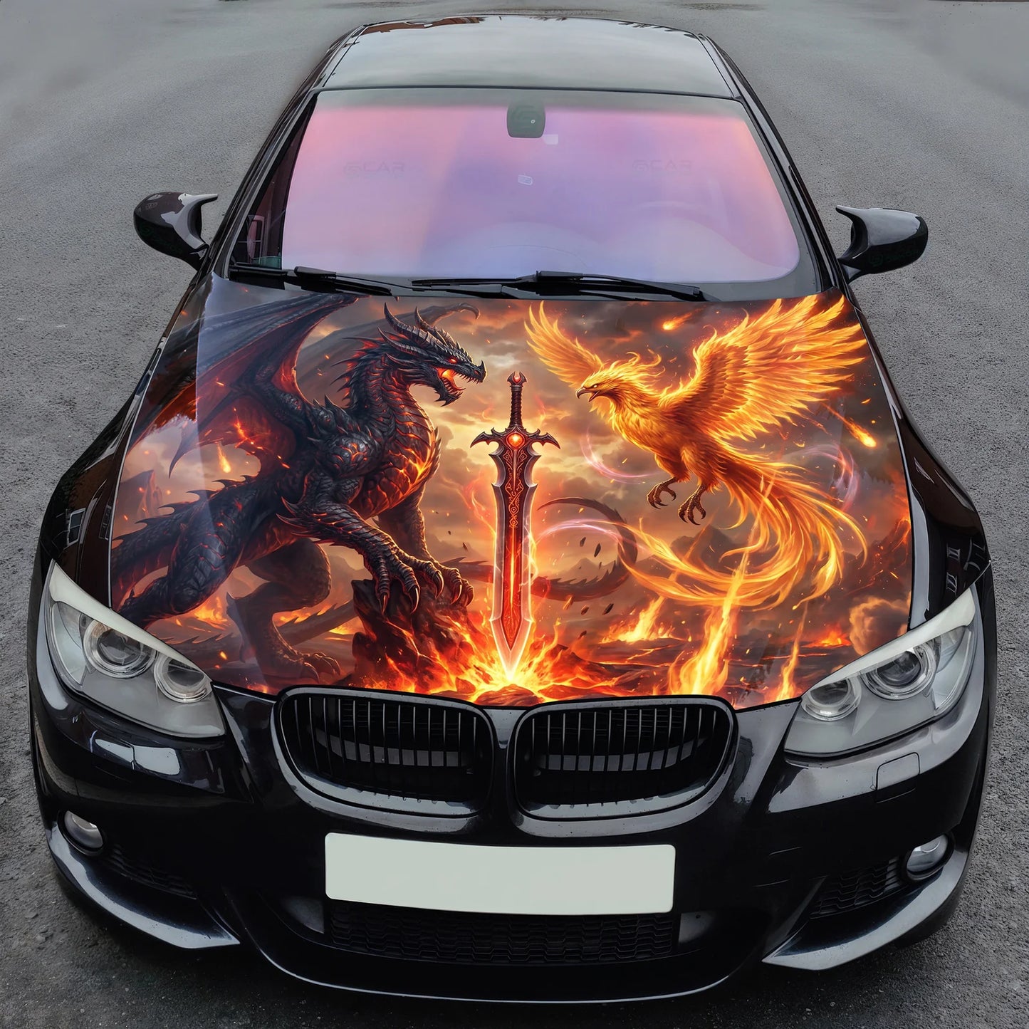 Dragon vs Phoenix Hood Wrap Graphic – Custom Vinyl Decal for Cars, Trucks & SUVs