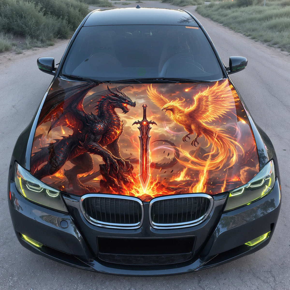 Dragon vs Phoenix Hood Wrap Graphic – Custom Vinyl Decal for Cars, Trucks & SUVs