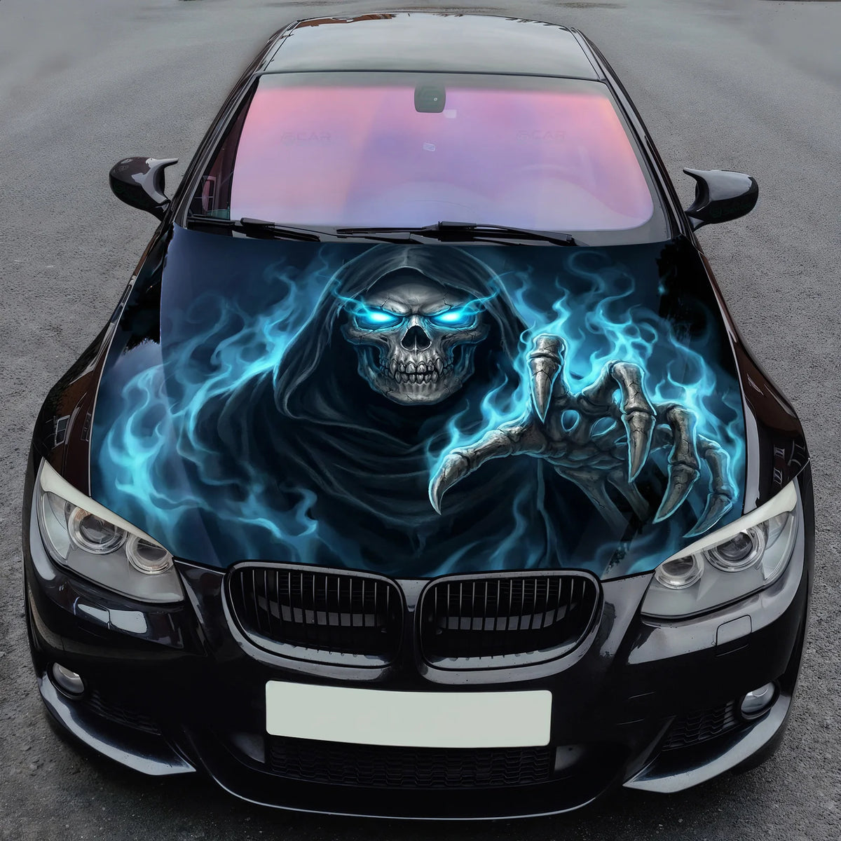 Electric Blue Reaper Hood Wrap Graphic – Custom Vinyl Decal for Cars, Trucks & SUVs