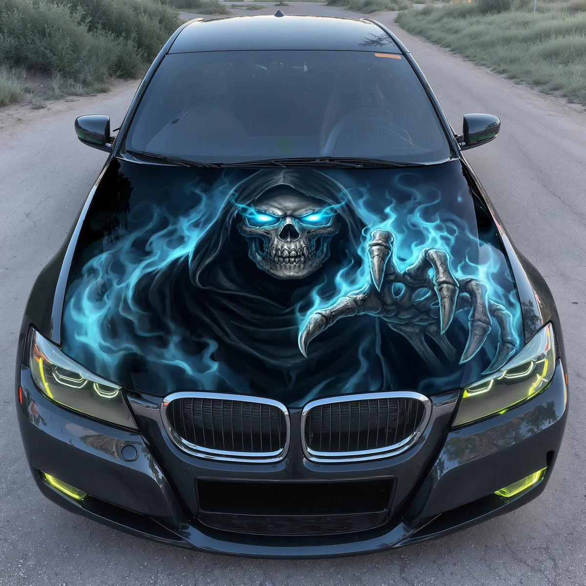 Electric Blue Reaper Hood Wrap Graphic – Custom Vinyl Decal for Cars, Trucks & SUVs