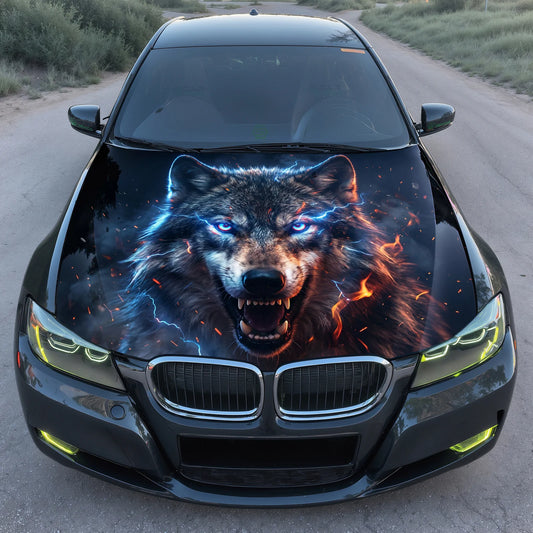 Electric Blue Wolf Hood Wrap Graphic – Custom Vinyl Decal for Cars, Trucks & SUVs