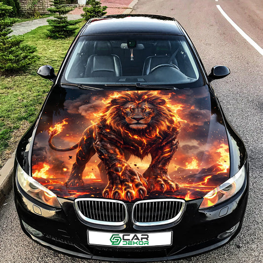 Fire Lion Car Hood Wrap Graphic – Custom Vinyl Decal for Cars, Trucks & SUVs
