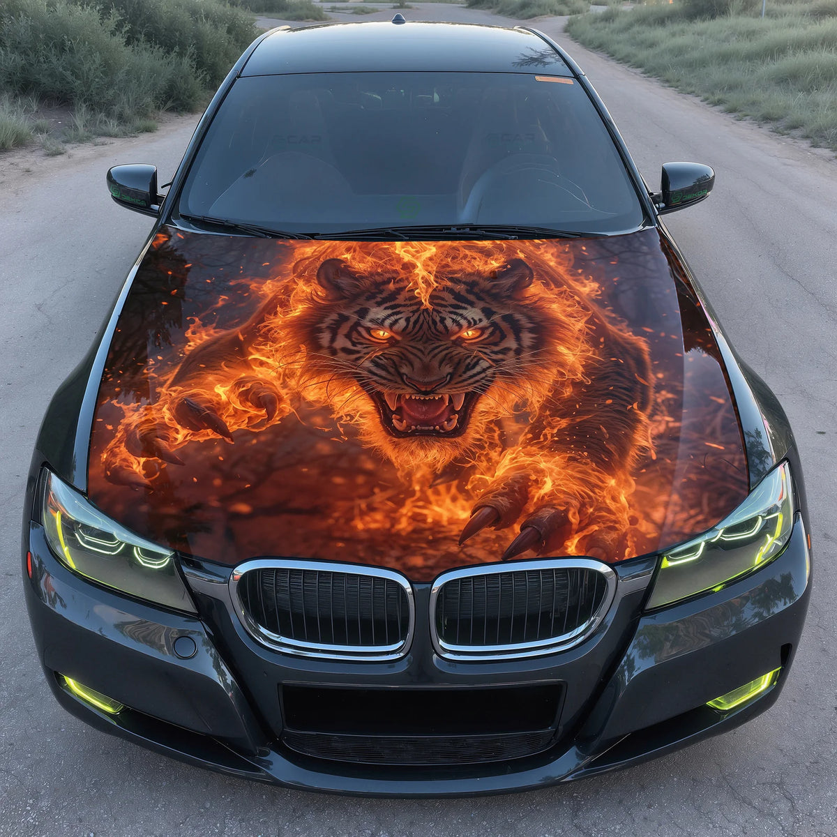 Fire Wolf Face Hood Wrap Graphic – Custom Vinyl Decal for Cars, Trucks & SUVs