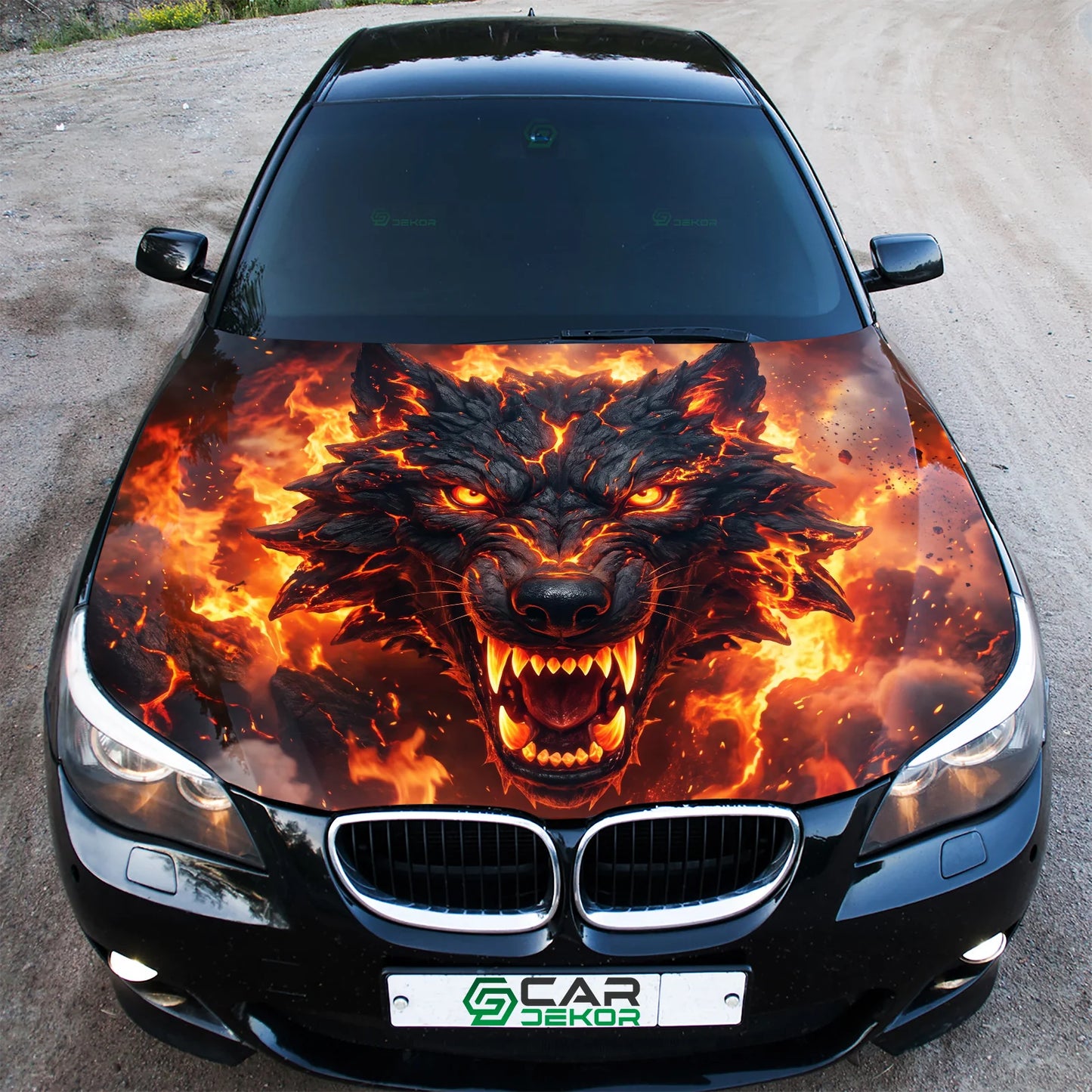 Flame Wolf Car Hood Wrap Graphic – Custom Vinyl Decal for Cars, Trucks & SUVs