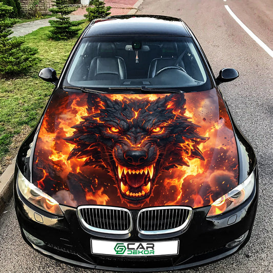 Flame Wolf Car Hood Wrap Graphic – Custom Vinyl Decal for Cars, Trucks & SUVs