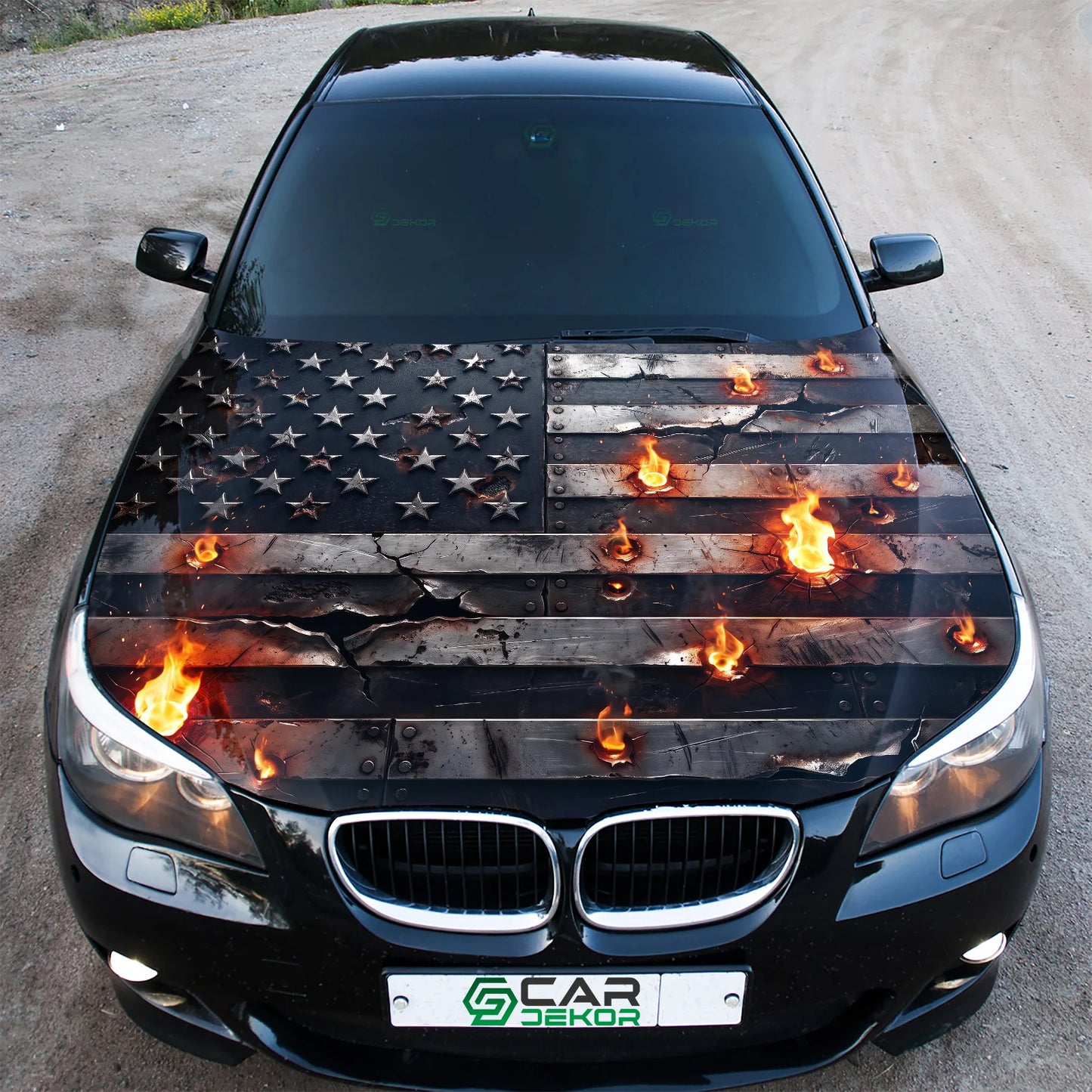 Flaming American Flag Hood Wrap Graphic – Custom Vinyl Decal for Cars, Trucks & SUVs