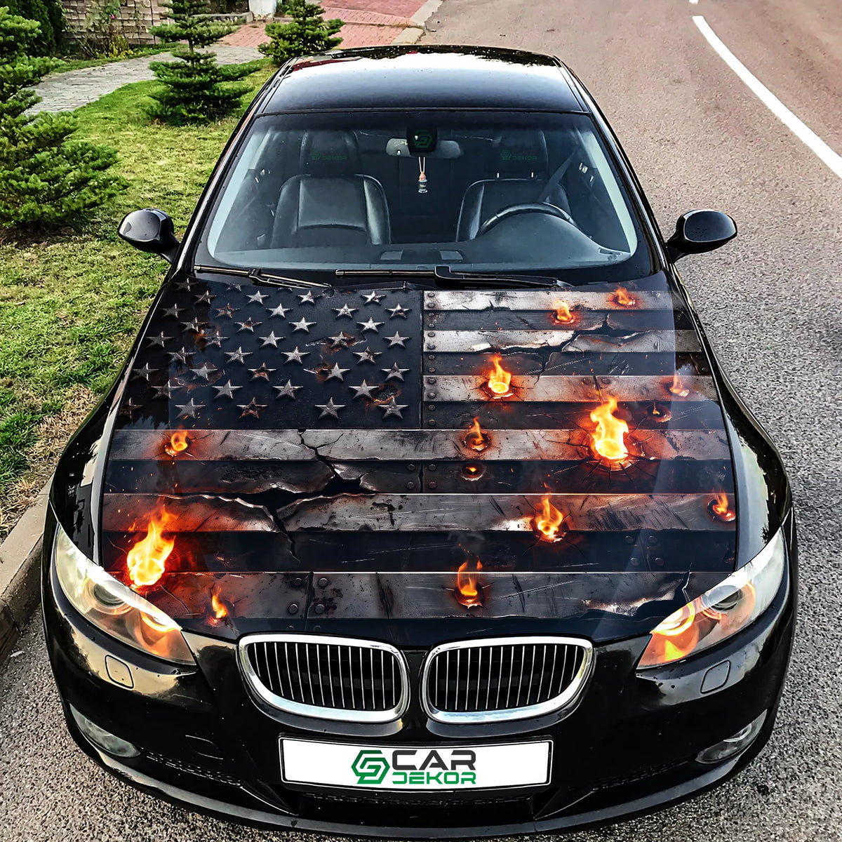 Flaming American Flag Hood Wrap Graphic – Custom Vinyl Decal for Cars, Trucks & SUVs