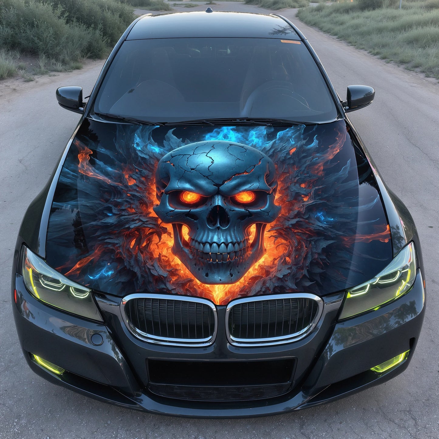 Flaming Skull Fire Hood Wrap – Custom Vinyl Decal for Cars, Trucks & SUVs