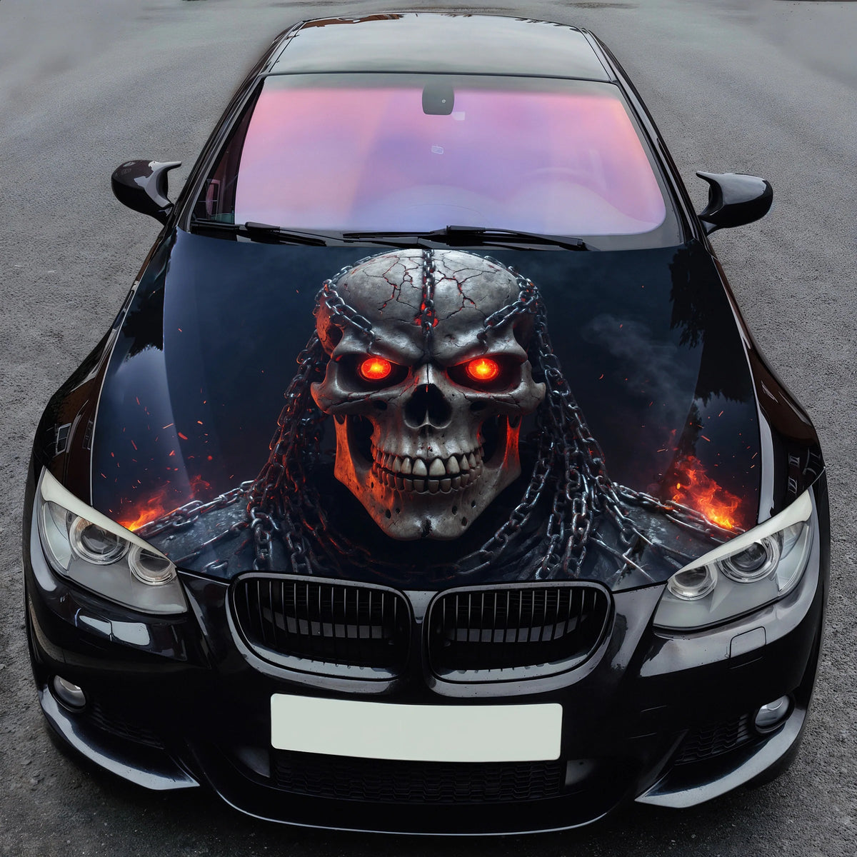 Flaming Skull Warrior Hood Wrap – Custom Vinyl Decal for Cars, Trucks & SUVs